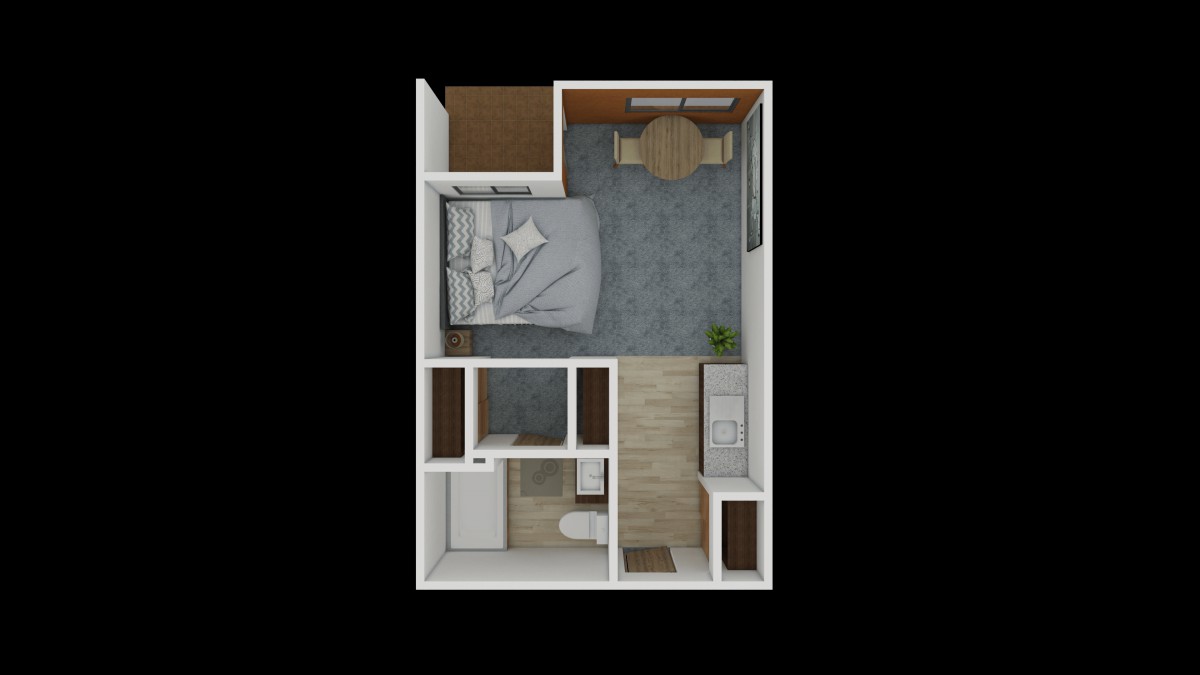A compact studio apartment floor plan with a bedroom, bathroom, kitchen, and living area.