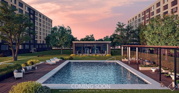 A modern residential area with an outdoor pool at sunset, labeled 'Coming Soon'.