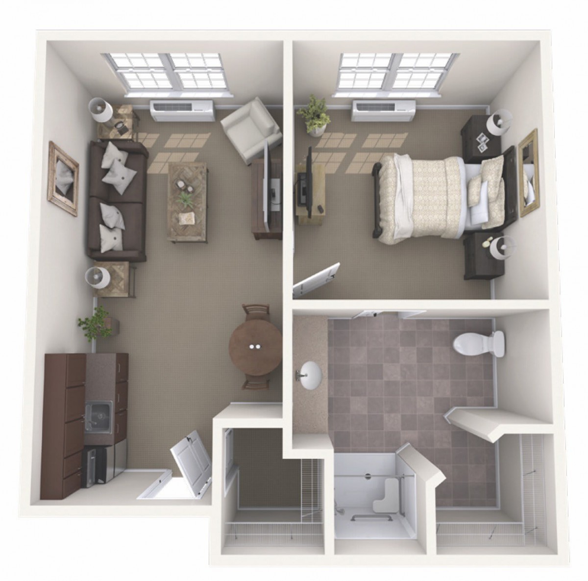 A compact one-bedroom apartment floor plan featuring a living room, separate bedroom, kitchen area, and bathroom.