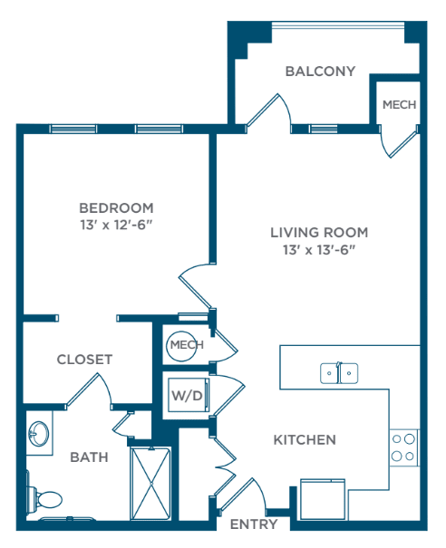 A floor plan of a one-bedroom apartment with a living room, kitchen, bathroom, closet, and balcony.