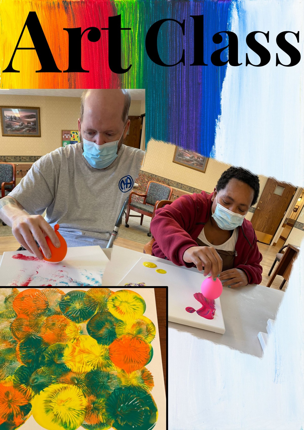 Participants enjoying a creative art class, pouring colorful paint onto canvases.