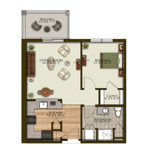 A detailed floor plan of a one-bedroom apartment, featuring a living room, kitchen, bathroom, and balcony.