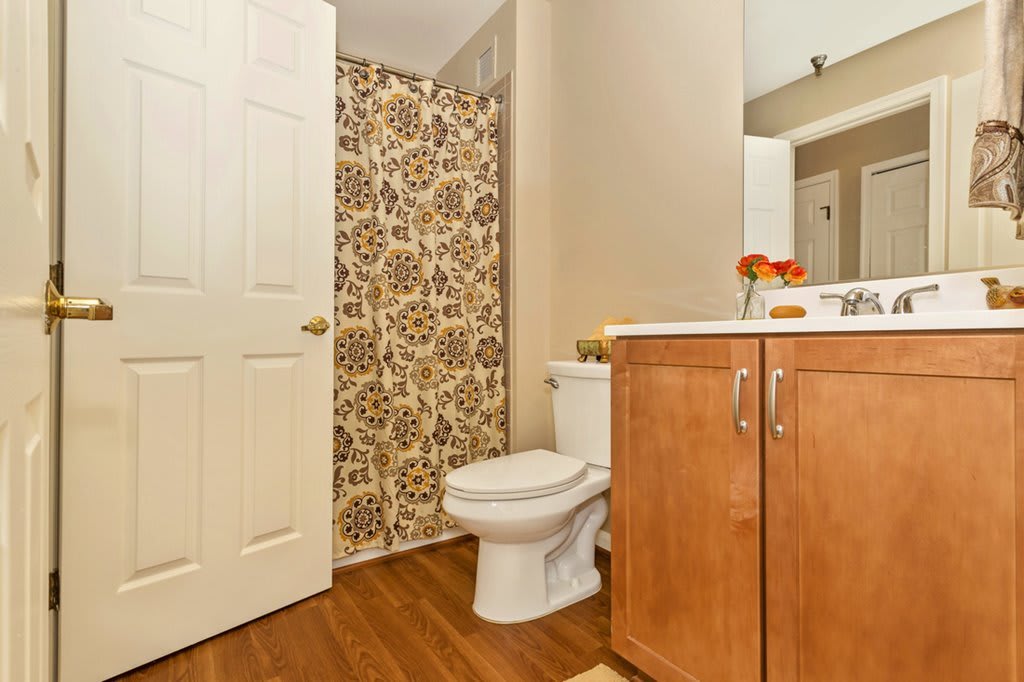 A modern bathroom featuring a toilet, a floral-patterned shower curtain, and a wooden vanity with a mirror.