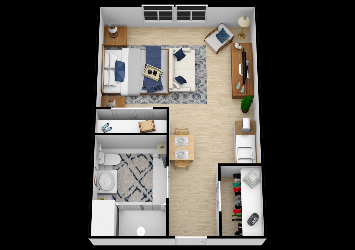 A minimalist floor plan of a cozy bedroom apartment with modern furnishings.