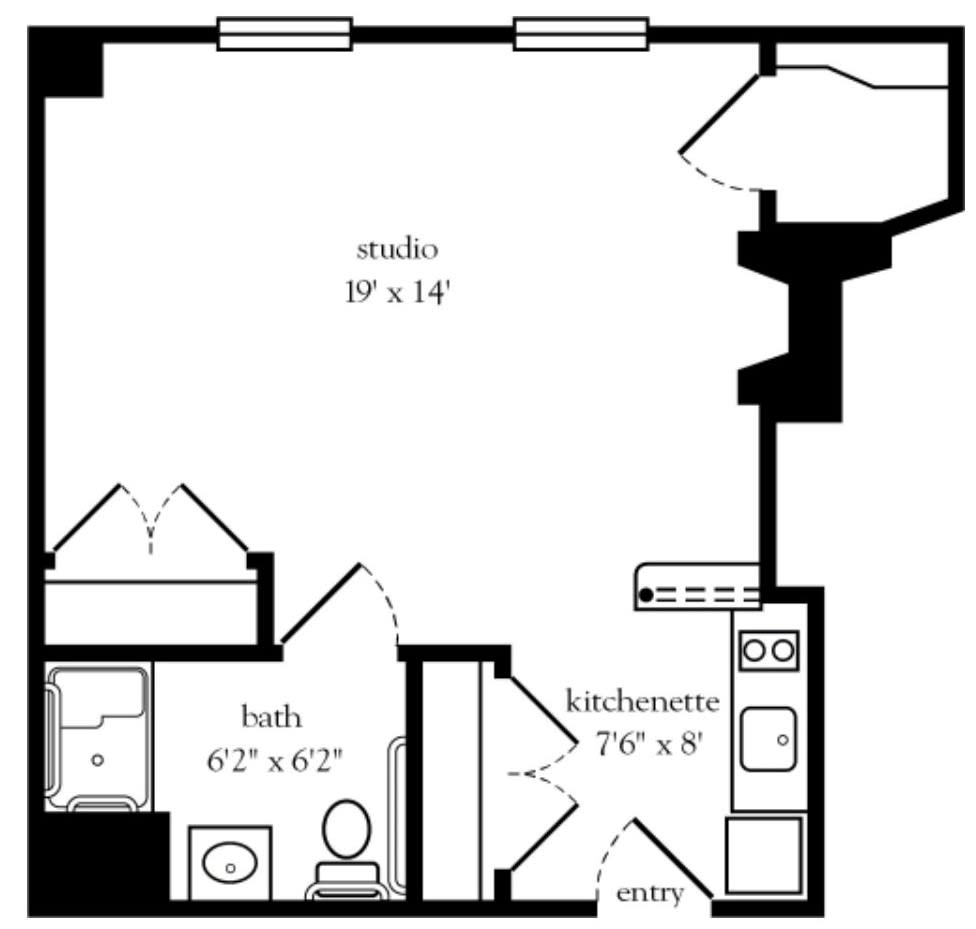 A floor plan of a studio apartment featuring a main living area, kitchenette, and bathroom.