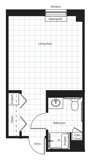 A simple floor plan showing a living area and a bathroom.