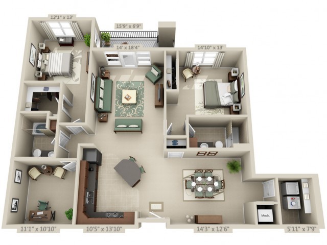 A 3D floor plan of a modern apartment featuring two bedrooms, a living room, kitchen, and dining area.