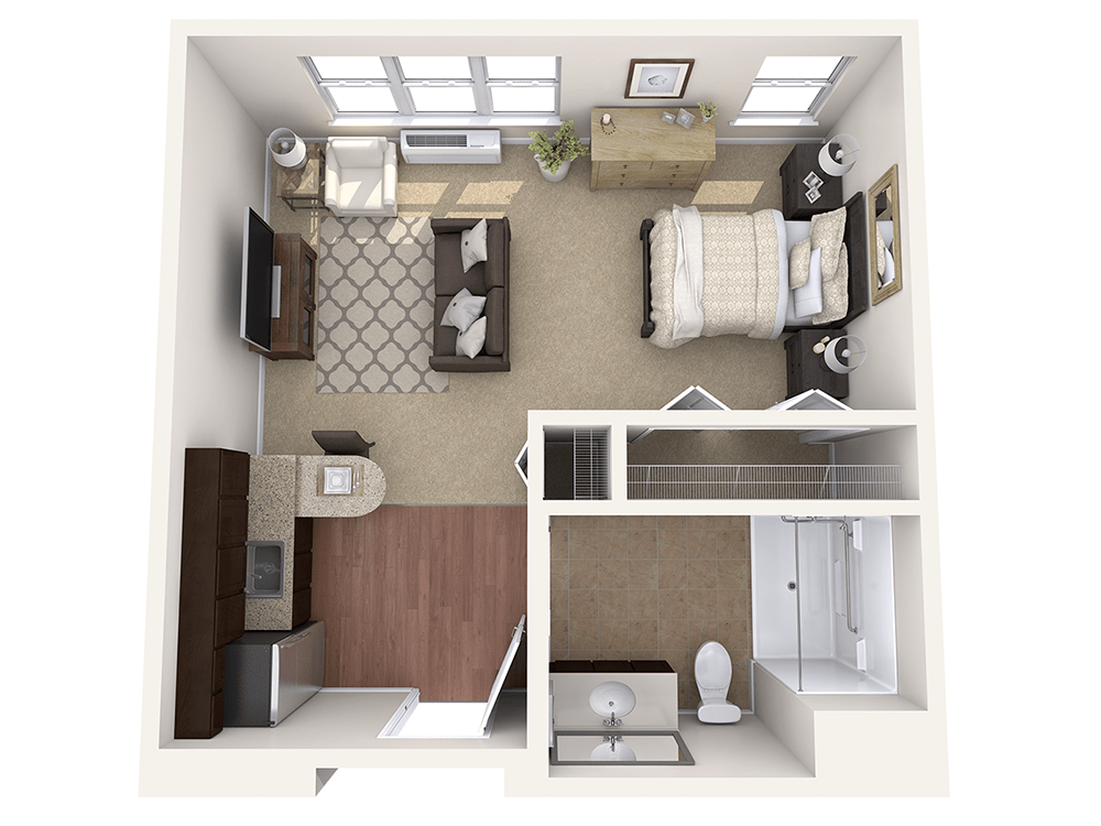 A top-view layout of a studio apartment featuring a combined living and bedroom space, kitchen, and bathroom.