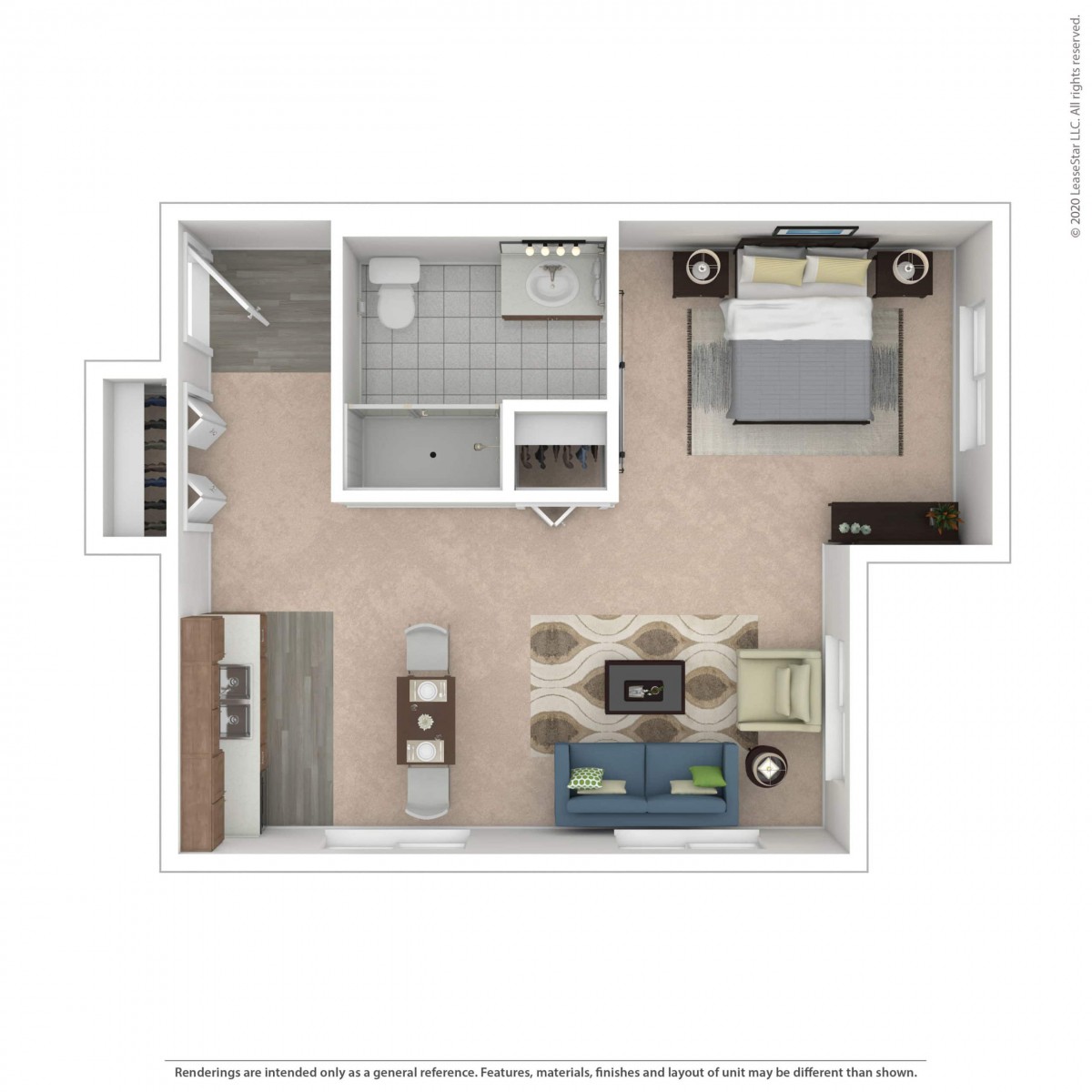 A floor plan of a one-bedroom apartment featuring a living room, kitchen, bathroom, and bedroom.