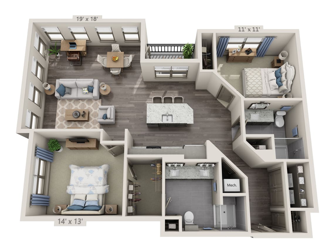 A detailed 3D floor plan of a two-bedroom apartment showcasing the layout and interior design.