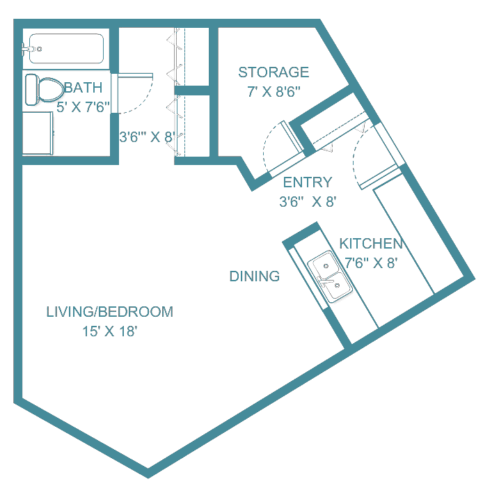 A floor plan of a one-bedroom apartment featuring a living room, kitchen, dining area, bathroom, and storage space.