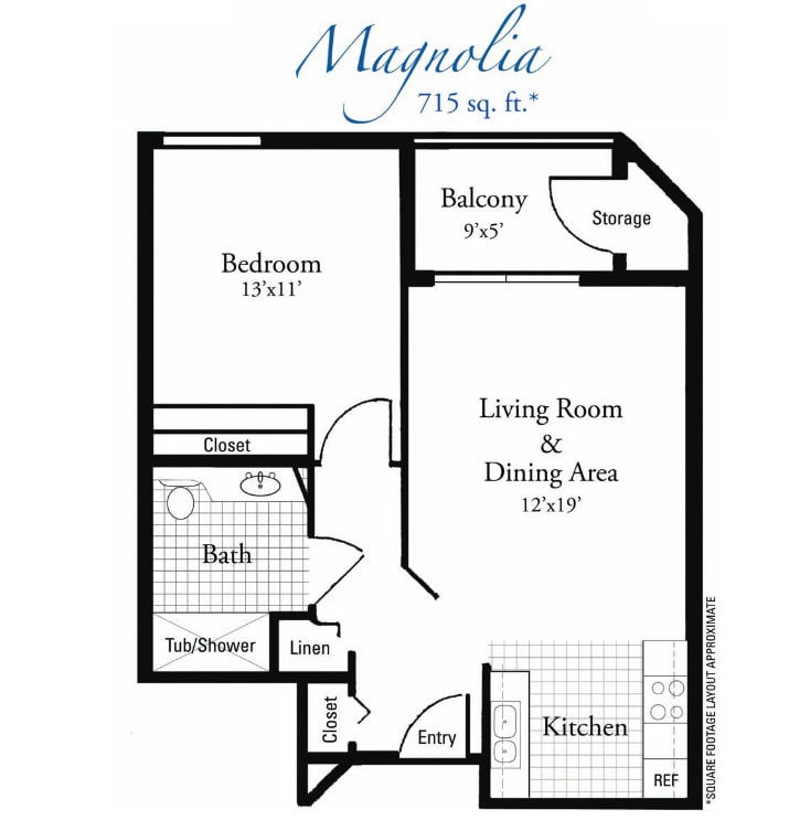 Floor plan for a one-bedroom apartment called 'Magnolia' with a living room, dining area, kitchen, bathroom, and balcony.