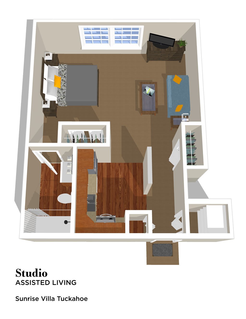 3D floor plan of a studio apartment showing layout and furniture arrangement.