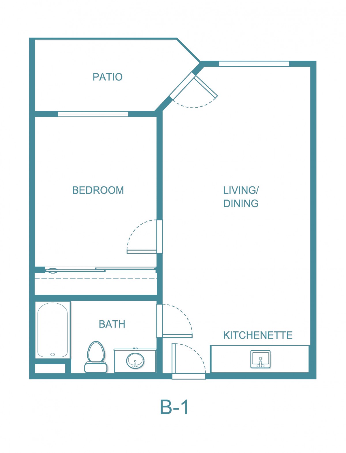 A simple floor plan of a studio apartment featuring a bedroom, bath, kitchenette, living/dining area, and patio.