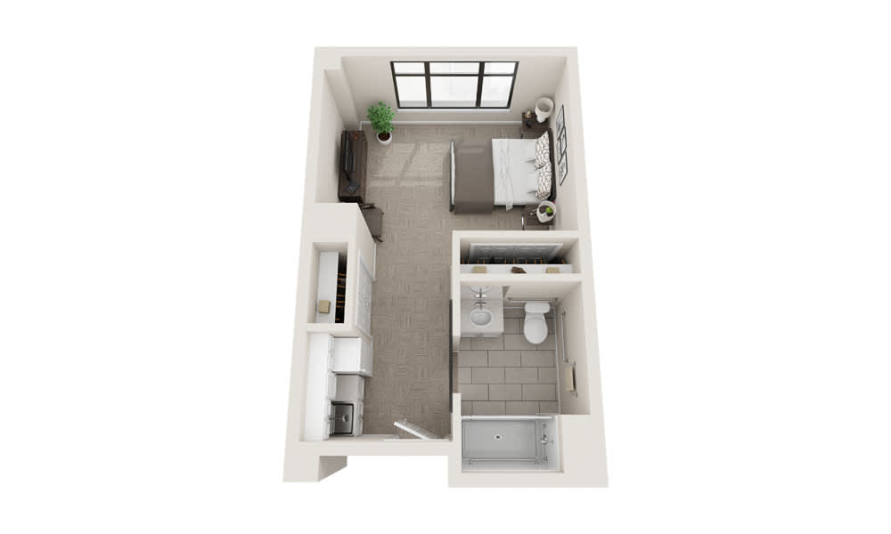 A floor plan of a compact studio apartment featuring essential living spaces.