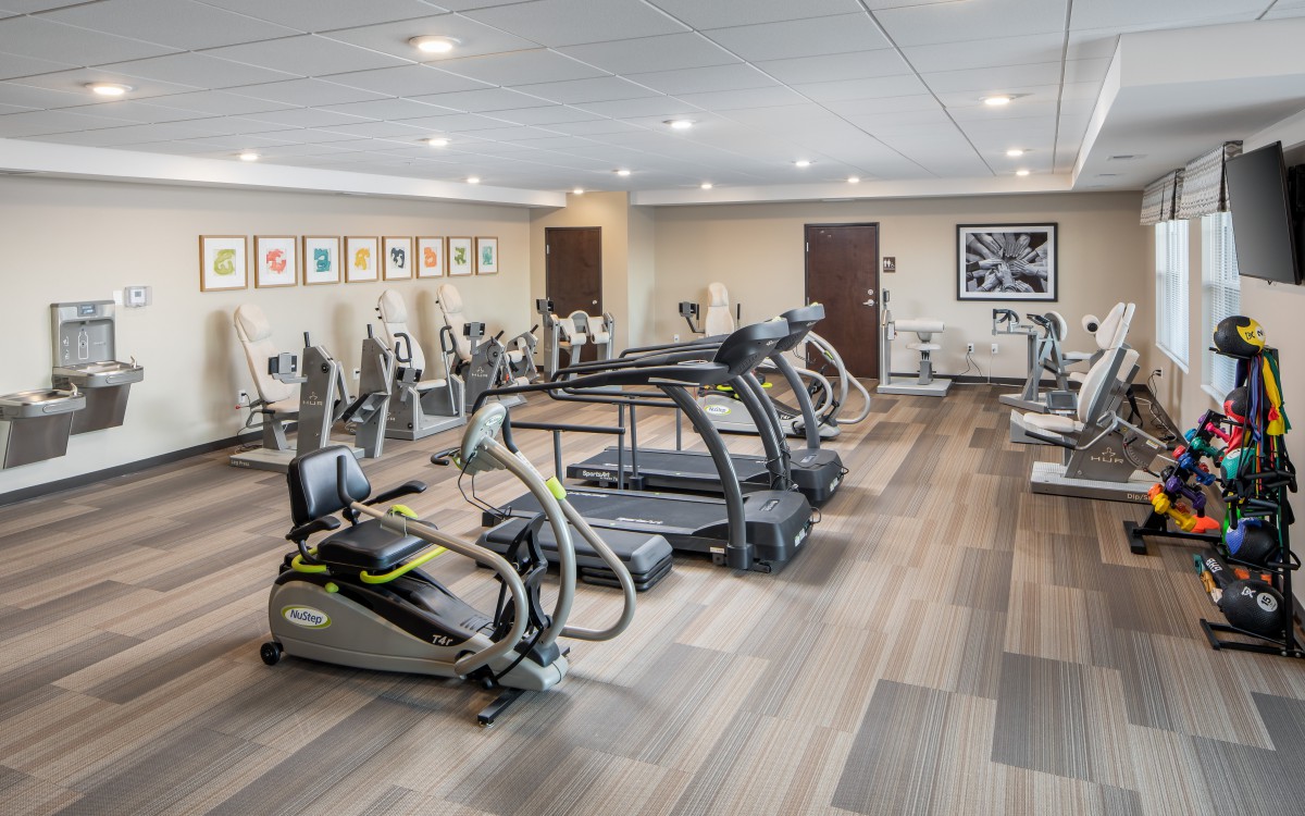 A modern gym with various cardio machines including treadmills and exercise bikes.