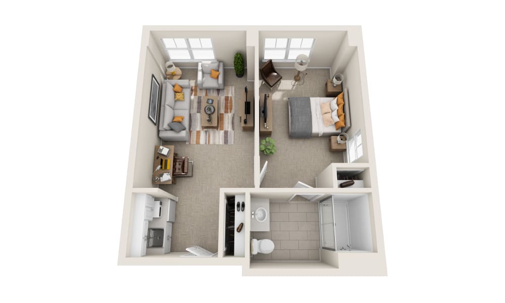 Overview of a cozy one-bedroom apartment layout.