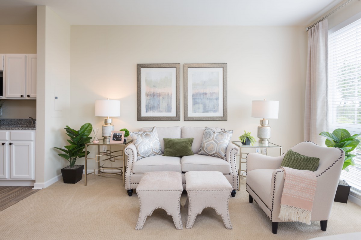 A cozy and elegantly decorated living room featuring a comfortable sofa, armchair, and matching coffee tables complemented by lush green plants and soft lighting.