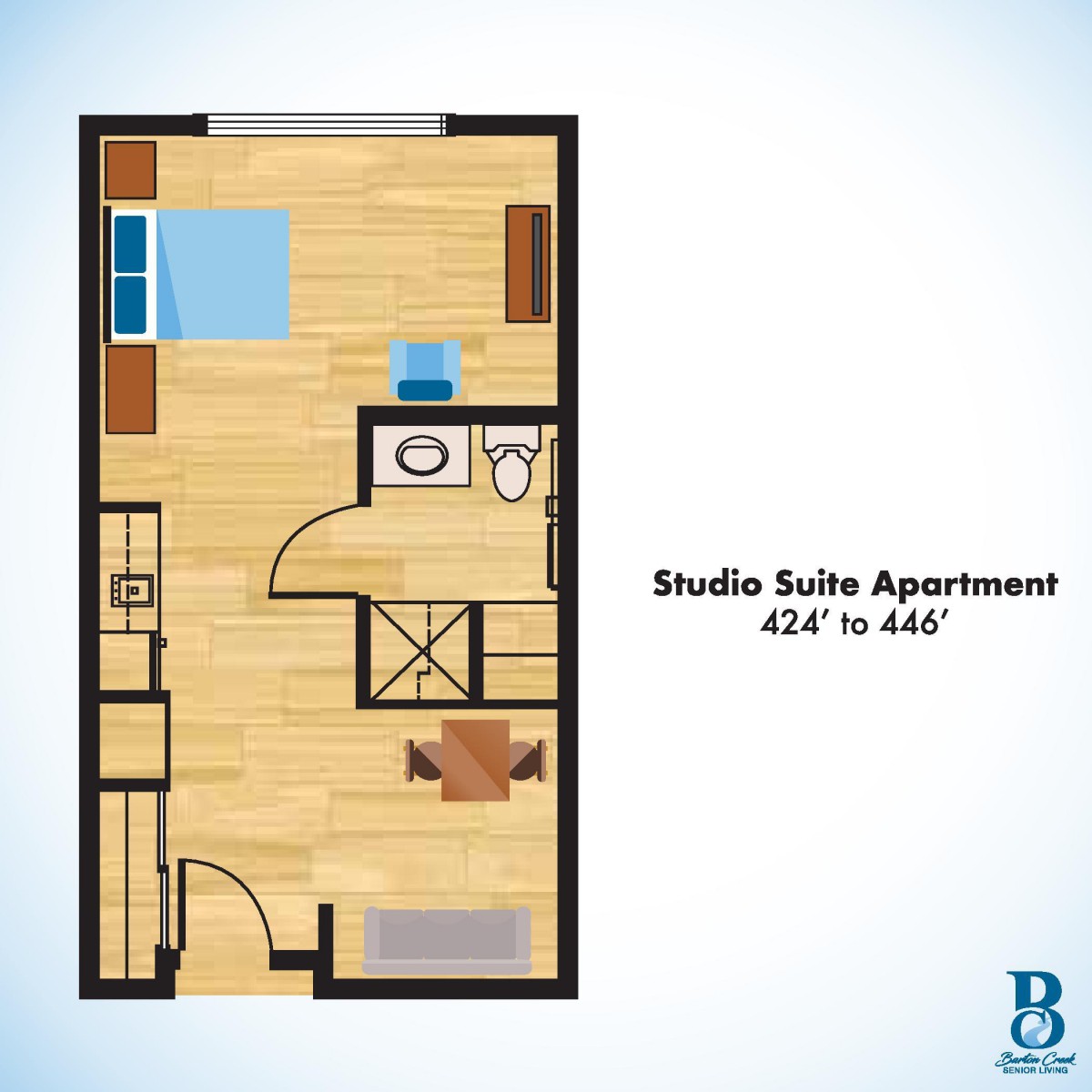 Studio suite apartment floor plan ranging from 424 to 444 square feet.