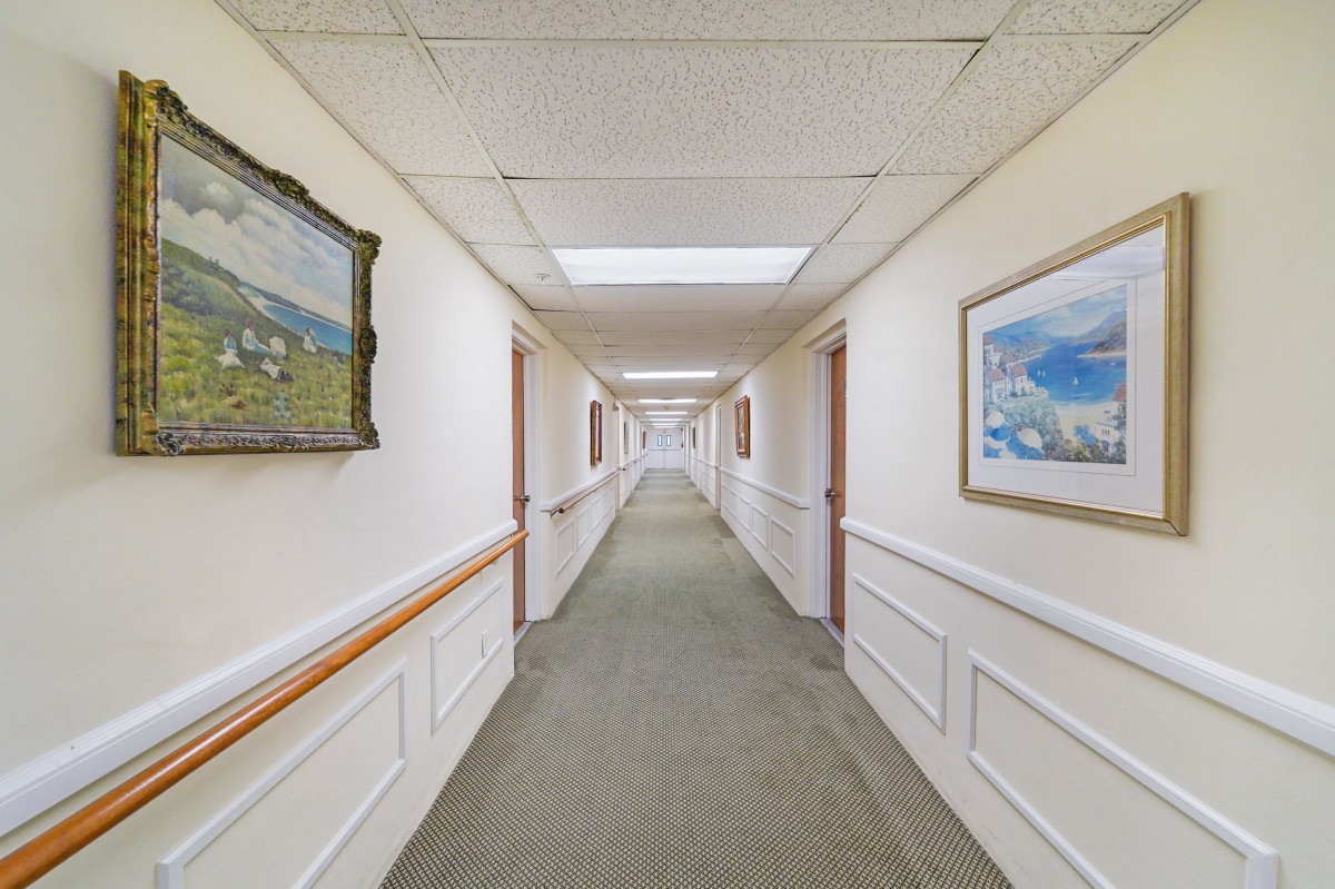 A long, carpeted hallway with paintings on the walls and bright overhead lighting.