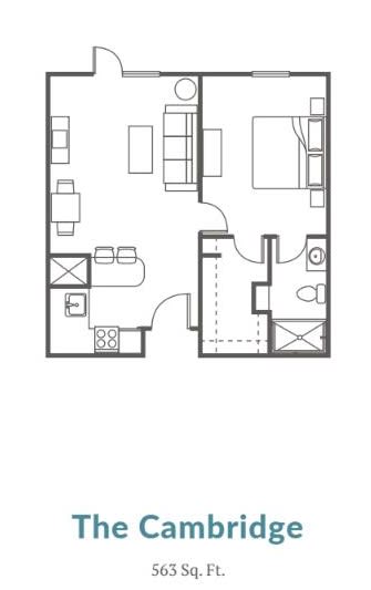 A floor plan of a one-bedroom apartment featuring a living room, kitchen, and bathroom.