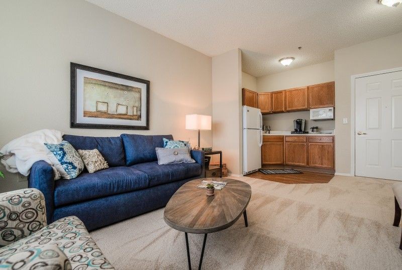 A modern apartment featuring a cozy living room with a blue sofa and a wooden coffee table, adjacent to an open kitchen area.