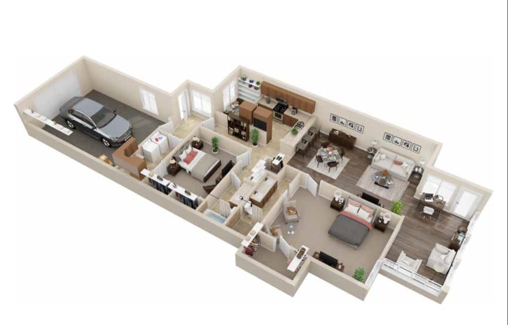 A 3D floor plan depicting the layout of a home with multiple rooms, including bedrooms, a living room, a kitchen, and a garage.
