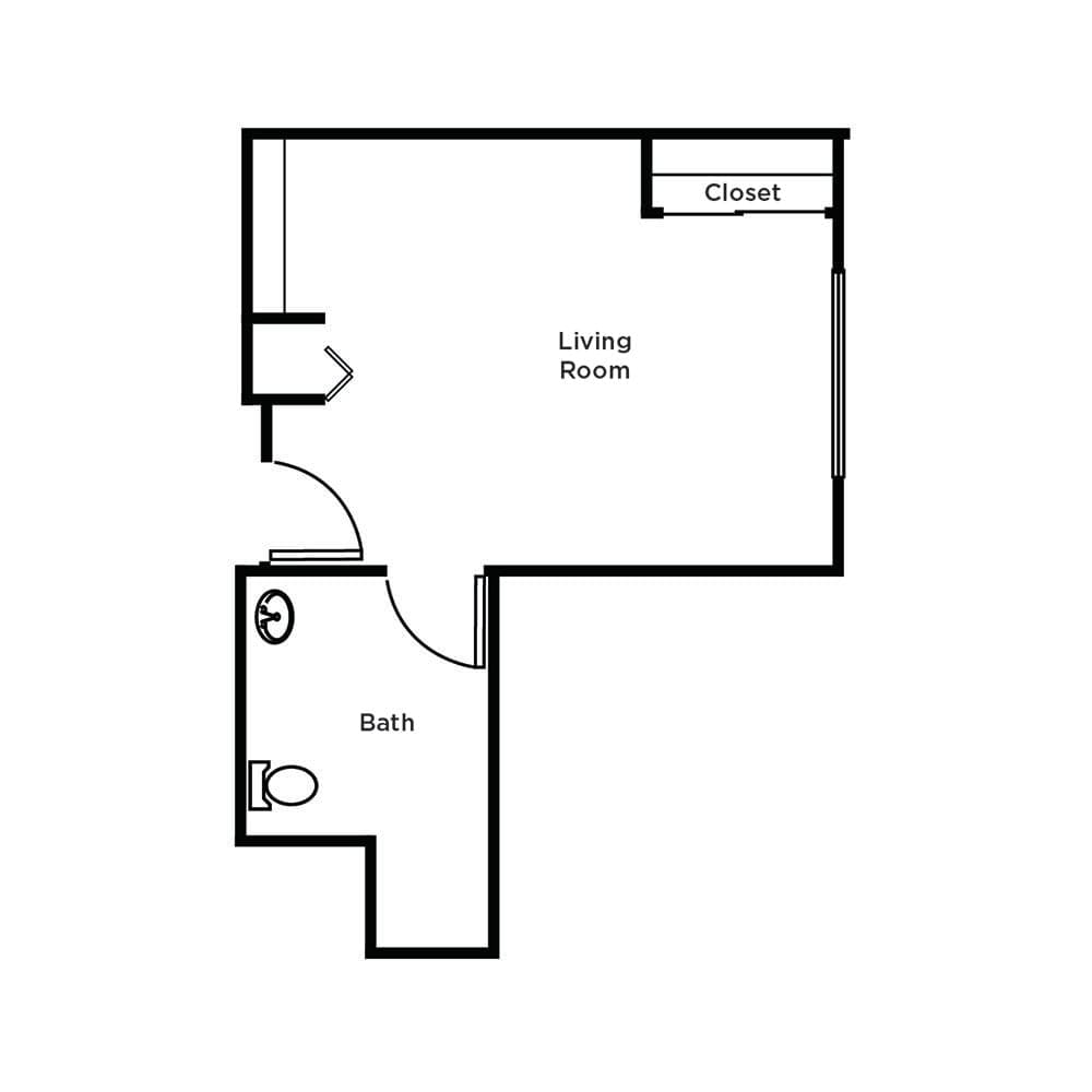 A simple floor plan showing a living room, bathroom, and closet.