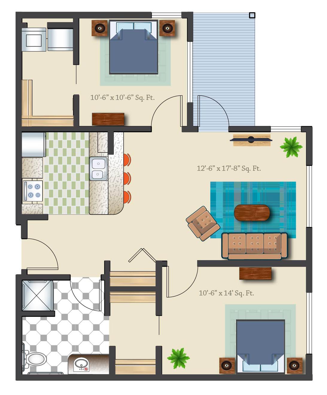 A floor plan of a two-bedroom apartment featuring a living room, kitchen, and bathroom.