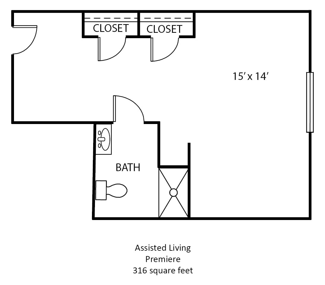 Assisted living premises floor plan featuring a room with two closets and a bathroom, measuring 116 square feet.