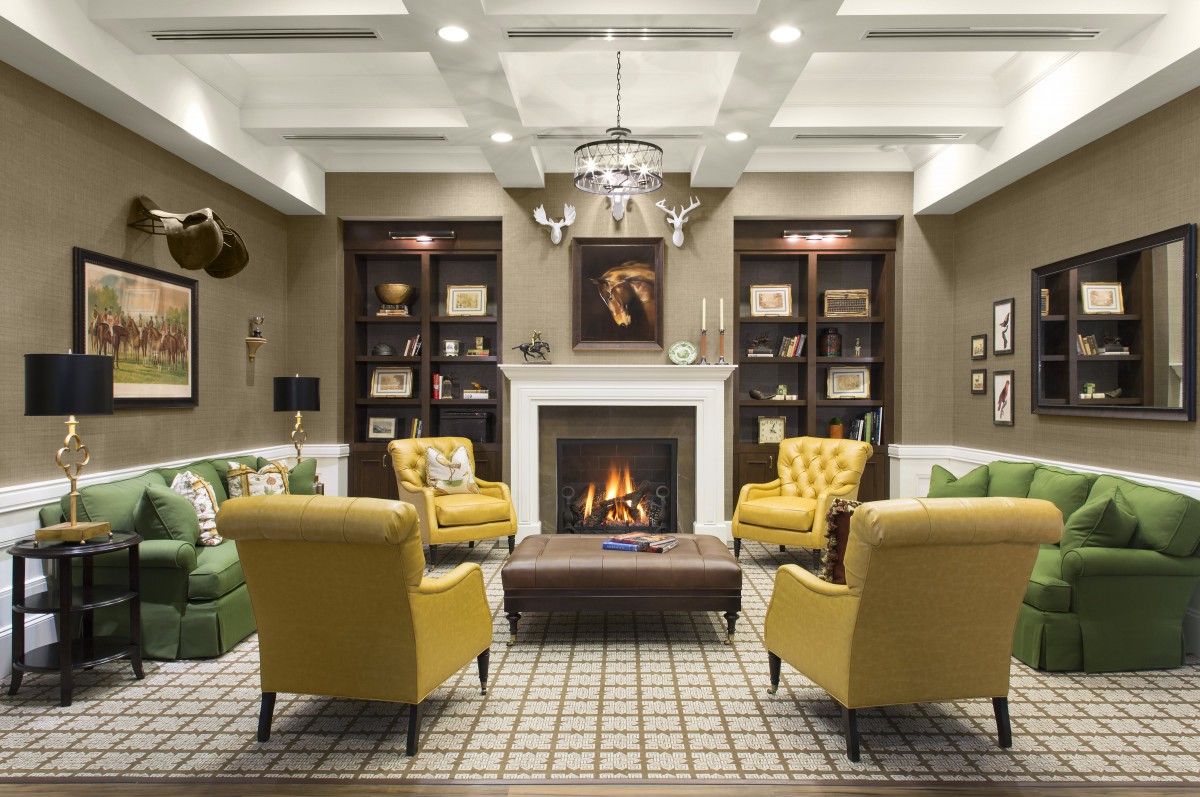 A cozy living room with a fireplace, surrounded by bookshelves and stylish armchairs.