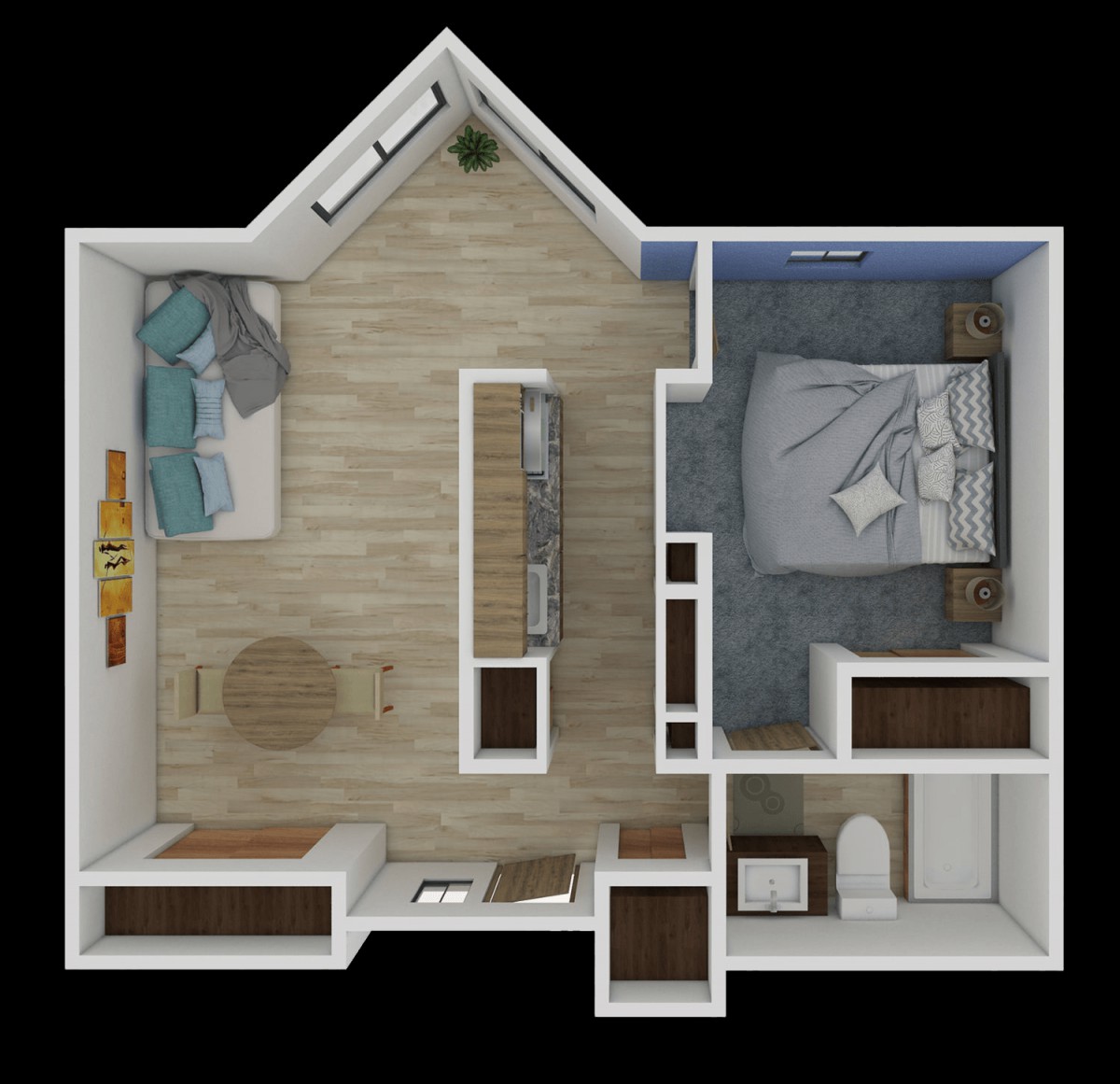 A detailed floor plan of a small apartment featuring a bedroom, living room, kitchen, and bathroom.