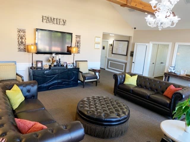 A cozy living room with leather sofas, a television, and decorative elements.