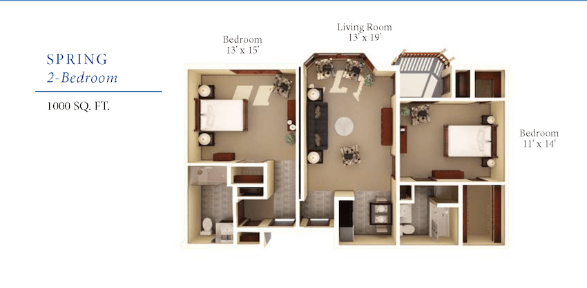 3D floor plan of a single-bedroom apartment with a living room, kitchen, and bathroom.