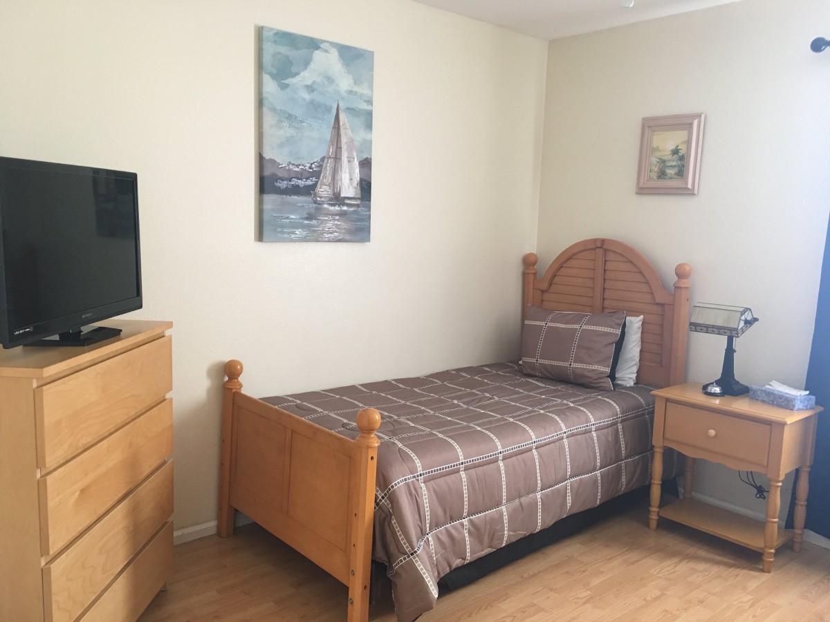 A cozy bedroom with a single bed, dresser, nightstand, and wall paintings.