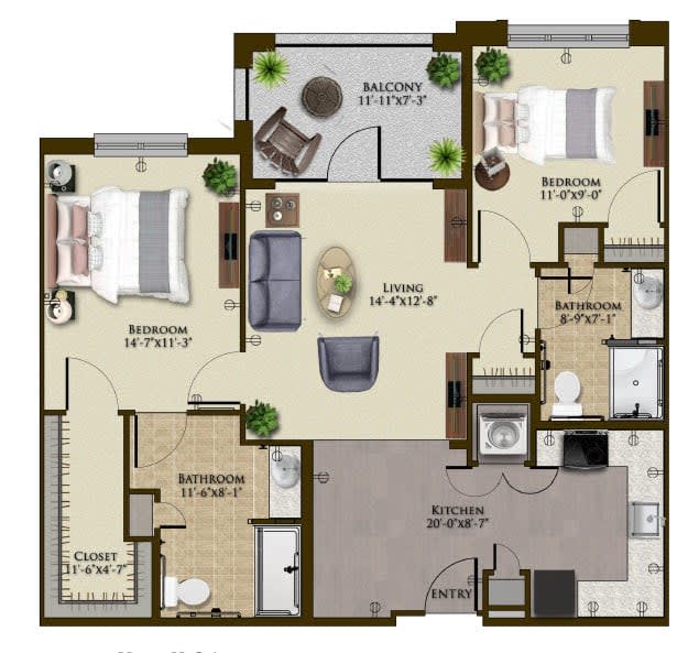 A detailed floor plan of a three-bedroom apartment with living room, kitchen, two bathrooms, and a balcony.