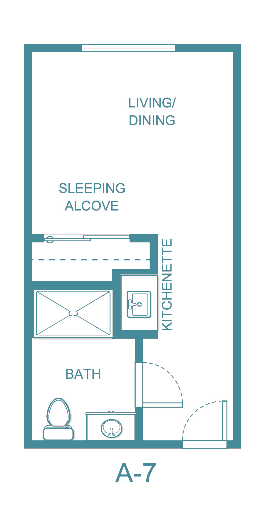 Floor plan of a studio apartment with a sleeping alcove, kitchenette, and bathroom.