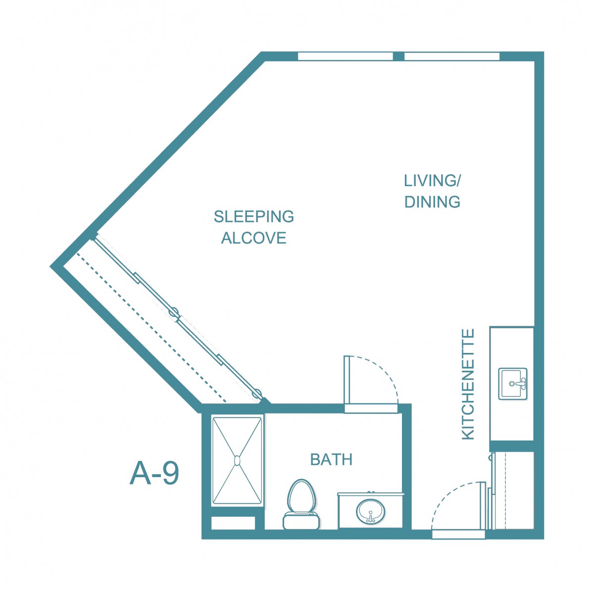 Floor plan of a studio apartment with designated sleeping alcove and living/dining area.
