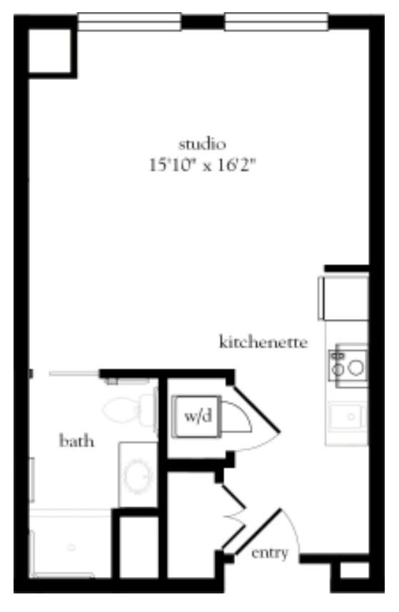 Floor plan of a studio apartment with kitchenette and bath.