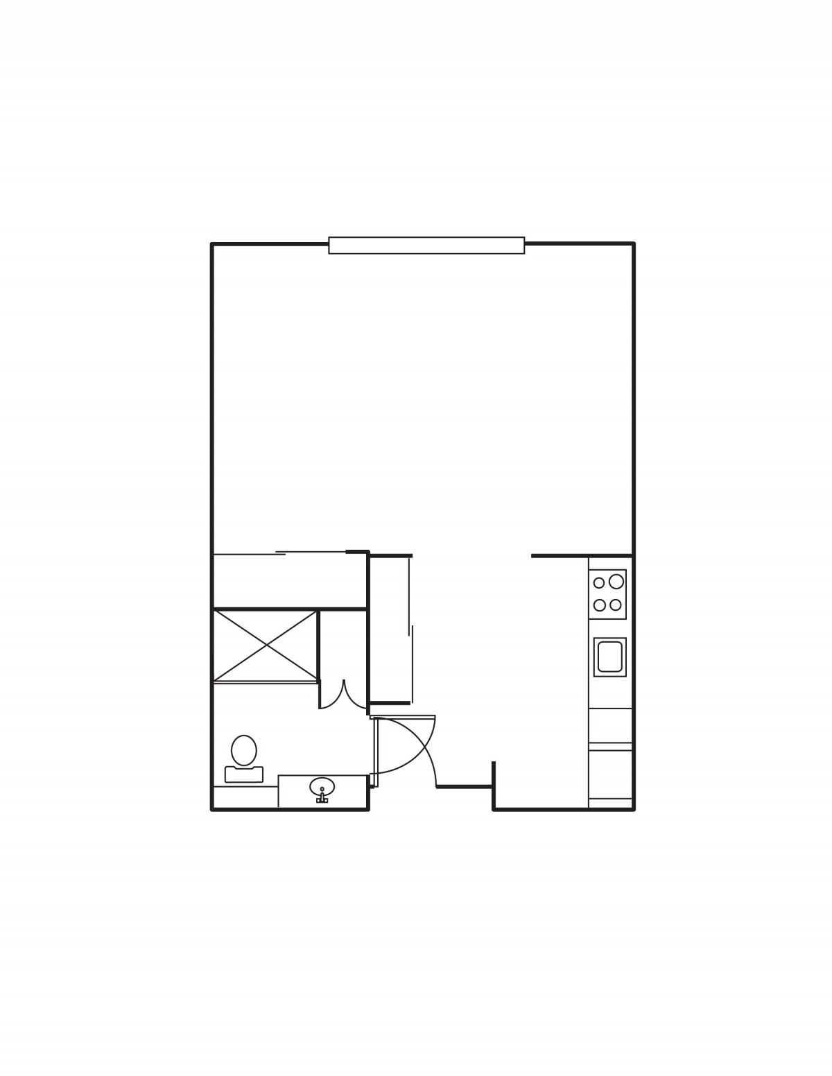 A simple floor plan of a studio apartment featuring a bathroom, kitchen and living area.