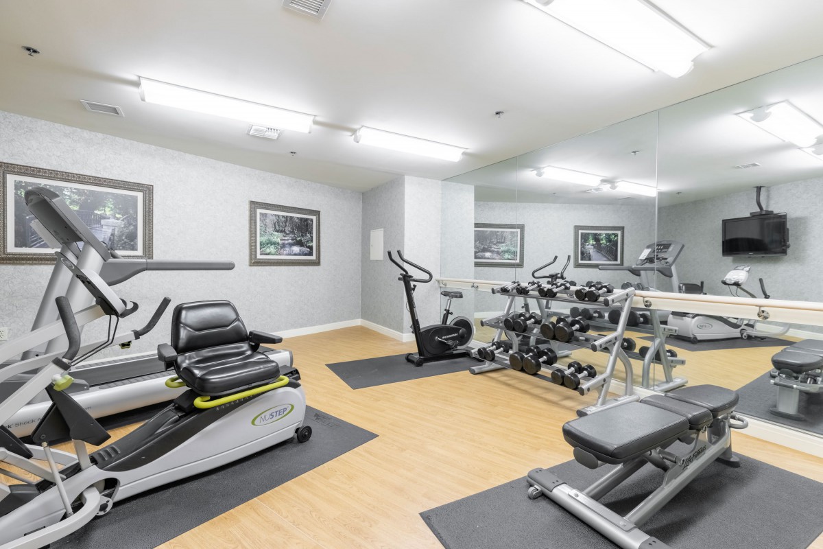A well-equipped gym room featuring various exercise machines, including a treadmill and stationary bike, with mirrors lining the walls.