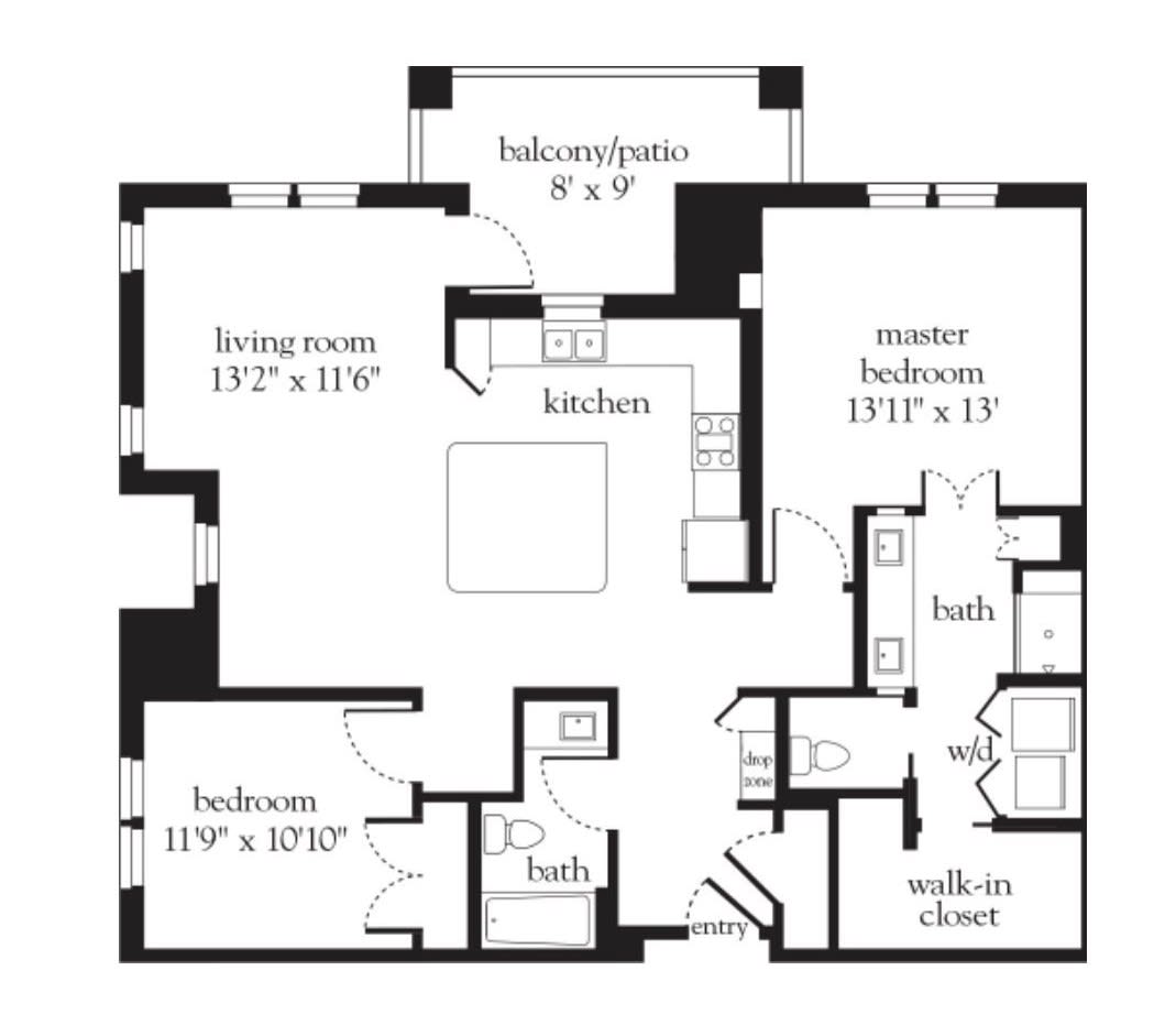 This image shows a detailed floor plan of a two-bedroom apartment with labeled rooms, including a living room, kitchen, and bathrooms.
