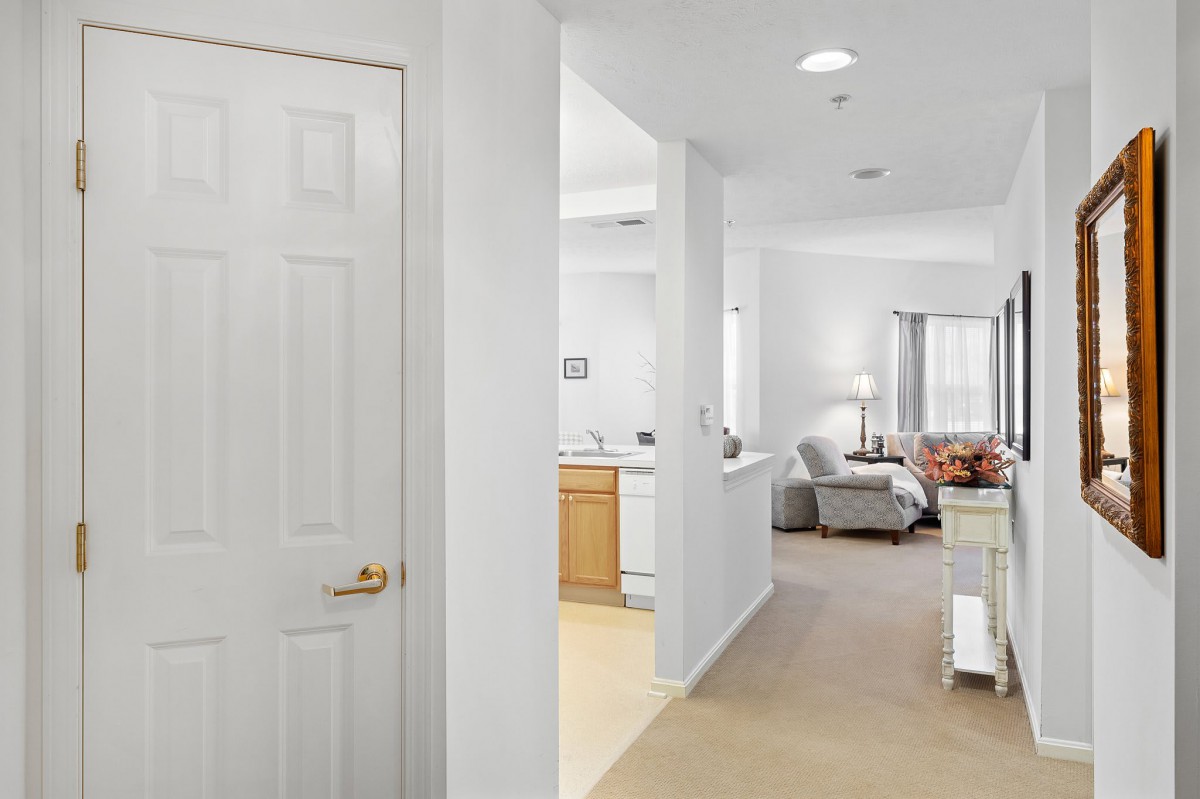 A cozy apartment interior featuring a living room and kitchen.