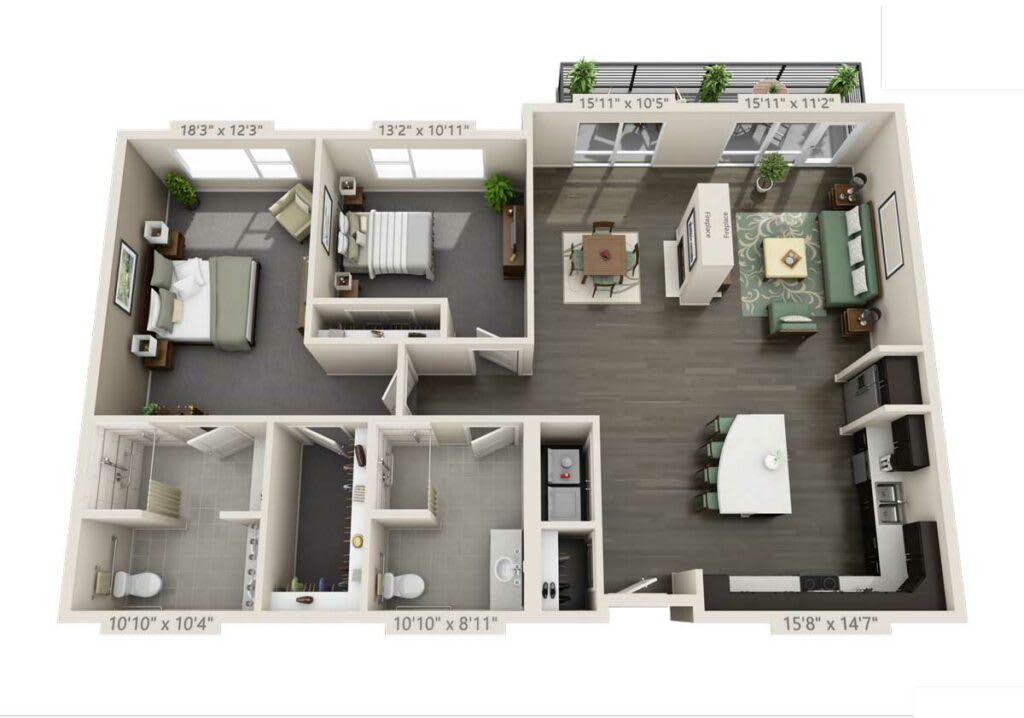 A detailed floor plan of a two-bedroom apartment featuring a spacious living room, kitchen, and bathroom.