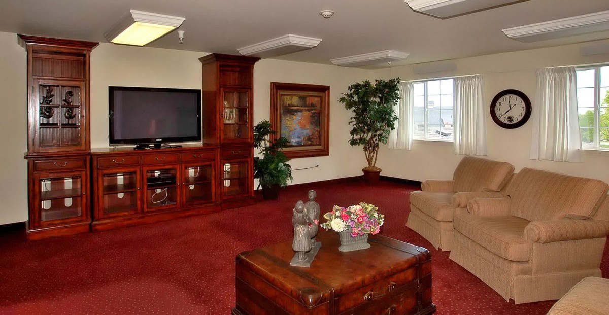 A well-appointed living room with a television, wooden furniture, and decorative elements.