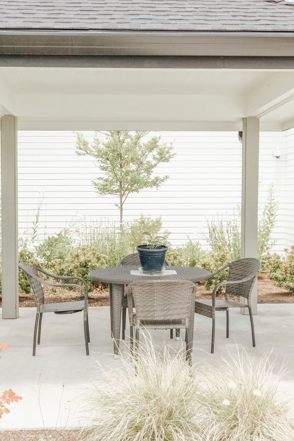 A serene patio setup with a table, chairs, and a potted plant under a covered area, surrounded by lush greenery.