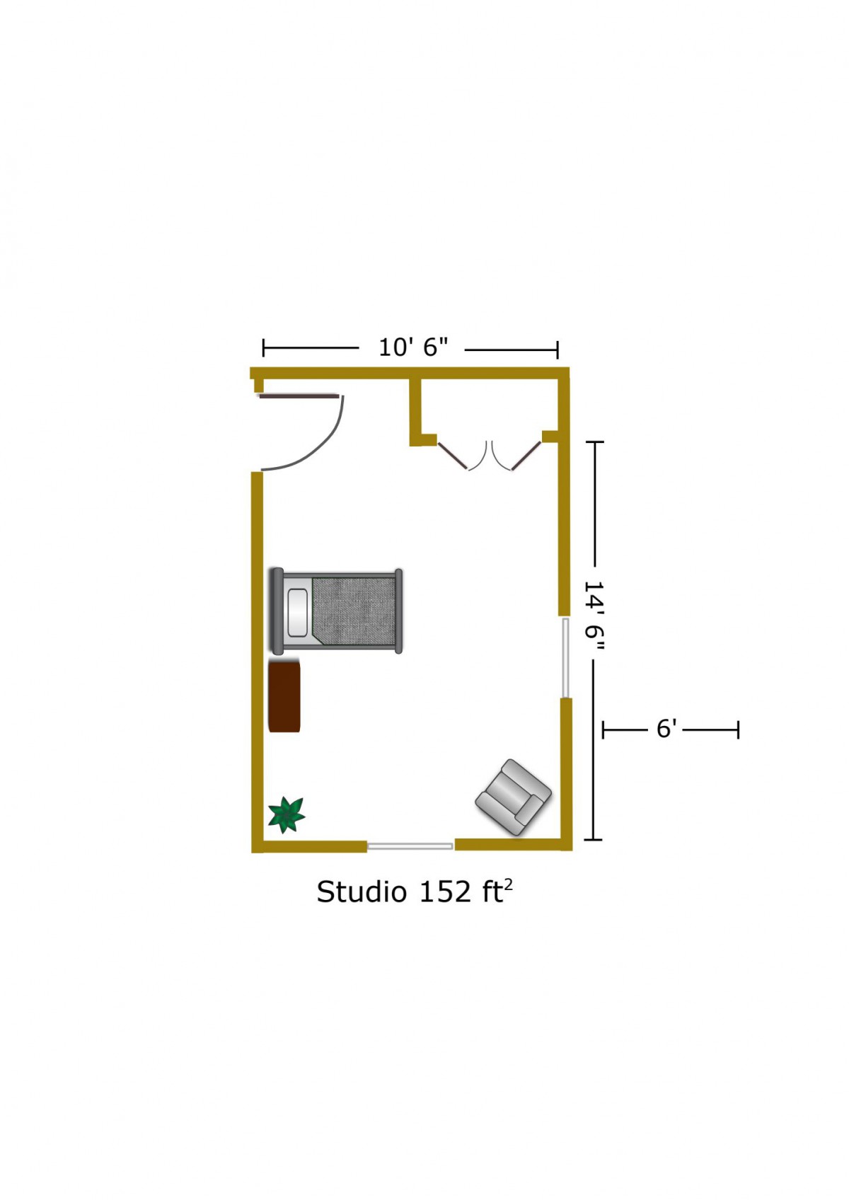 Floor plan of a compact studio apartment measuring 152 square feet.