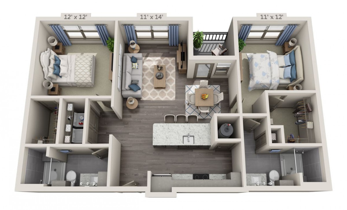 A 3D rendered floor plan of an apartment featuring two bedrooms, a kitchen, living room, and dining area.