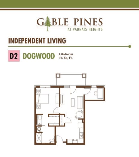 Floor plan of the Dogwood model, a 1-bedroom apartment for independent living at Gable Pines.