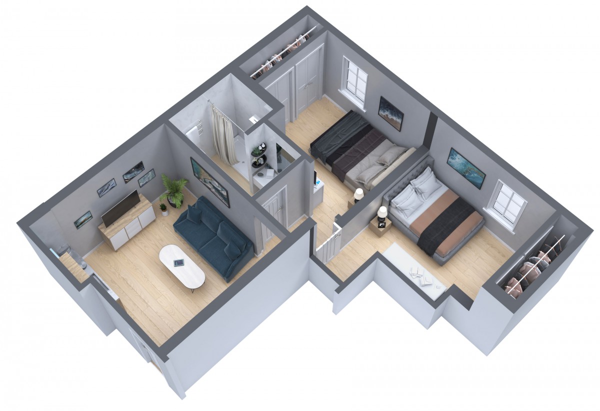 3D rendered floor plan of a modern two-bedroom apartment.